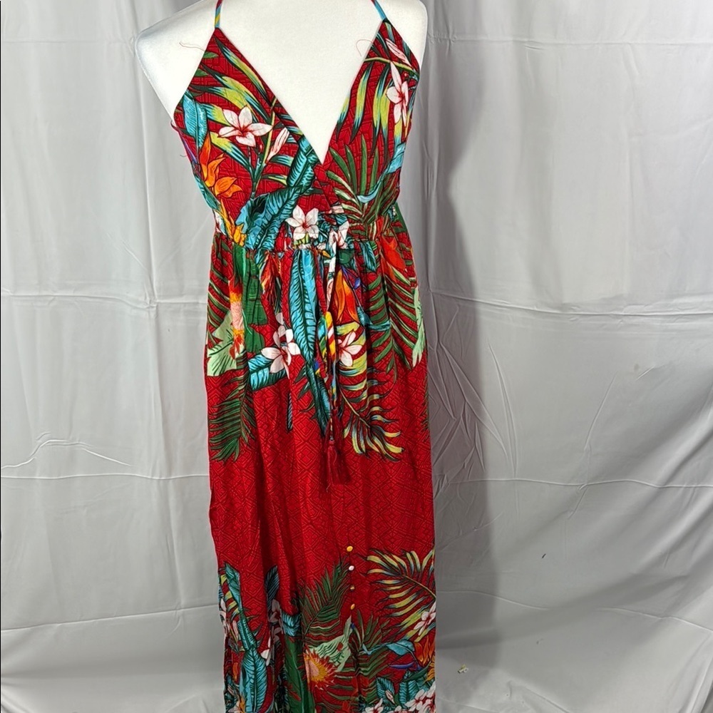 Solitaire Tropical Red Halter Maxi Dress Size L